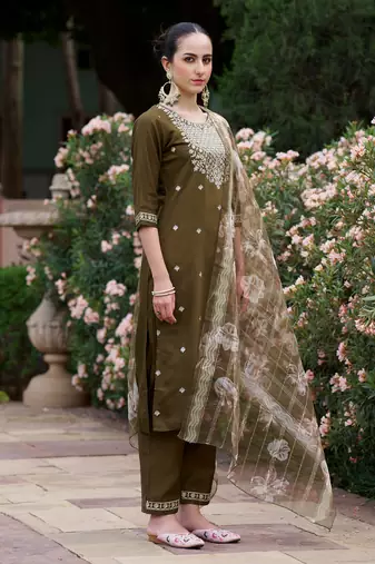 Mahendi color viscosee rayon partywear readymade salwar kameez for trendy looks