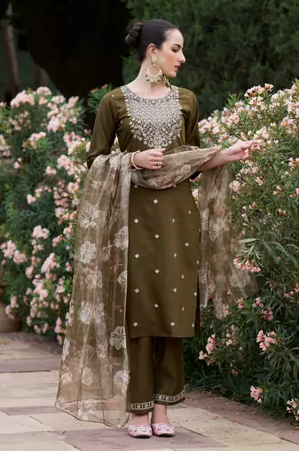Mahendi color viscosee rayon partywear readymade salwar kameez for trendy looks