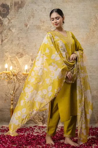 Yellow color viscosee rayon partywear readymade salwar kameez for trendy looks
