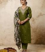 Mahendi color viscose rayon fabric partywear readymade salwar kameez for trendy looks