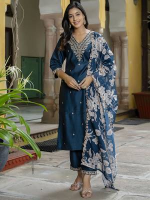 Teal blue color viscose rayon fabric partywear readymade salwar kameez for trendy looks 1