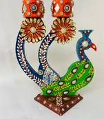 Peacock Elegance Dual Candle Stand in Mdf Wood – Handcrafted Papermache with Heavy Stone Work (Double-Sided Design)