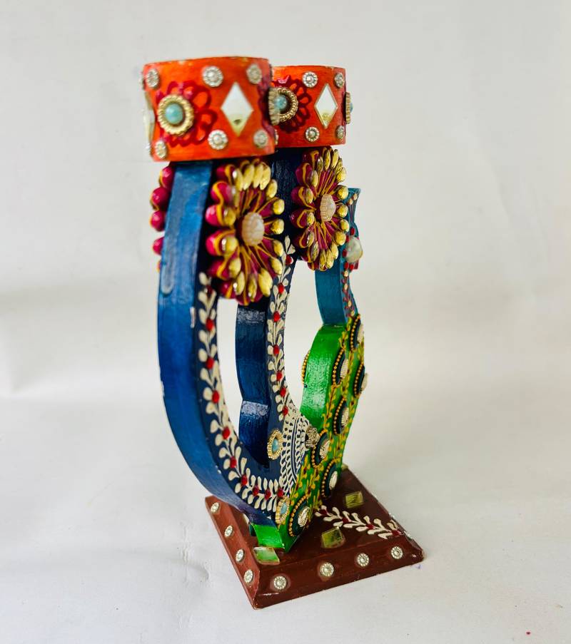 Peacock Elegance Dual Candle Stand in Mdf Wood – Handcrafted Papermache with Heavy Stone Work (Double-Sided Design)