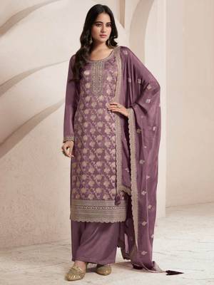 Purple embroidered jacquard salwar suit 1