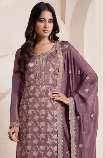 Purple embroidered jacquard salwar suit