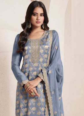 Grey embroidered jacquard salwar suit 2