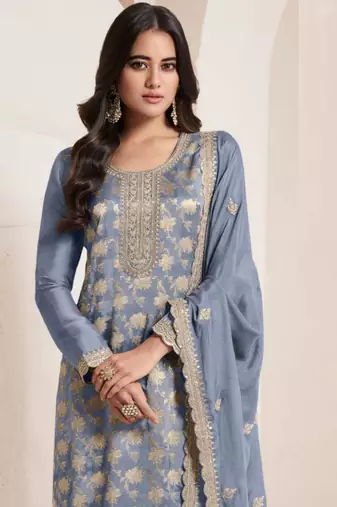 Grey embroidered jacquard salwar suit