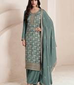Green embroidered jacquard semi-pakistani salwar suit