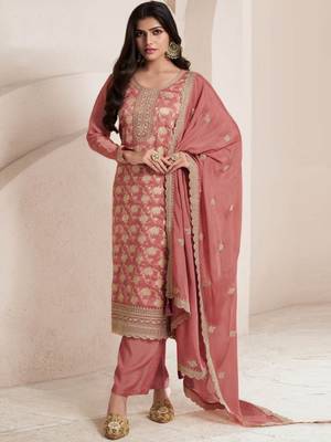 Peach embroidered jacquard salwar suit 1
