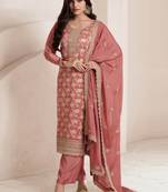 Peach embroidered jacquard semi-pakistani salwar suit