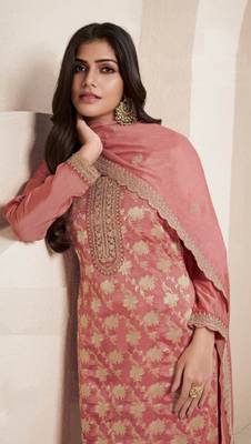 Peach embroidered jacquard salwar suit 2