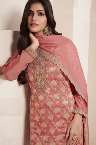 Peach embroidered jacquard salwar suit
