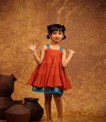 Orange cotton tiered gathered dress for girls