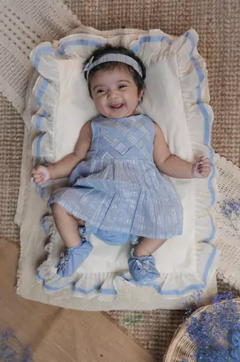 Blue infant handloom sleeveless a line dress  shoes and headband for kids