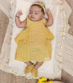 Yellow infant sliver stripe dress handloom sleeveless with shoes and headband for kids