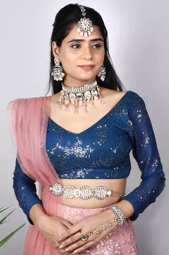 Pink wink full set with necklace, earrings, maangtikka, hathphool & waistbelt
