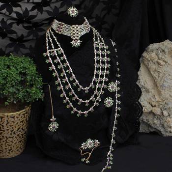 Pearl twirl full set with long necklace, choker, earrings, maangtikka, bracelet, ring & waistbelt 1