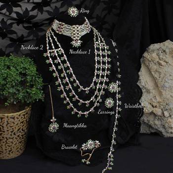 Pearl twirl full set with long necklace, choker, earrings, maangtikka, bracelet, ring & waistbelt 3