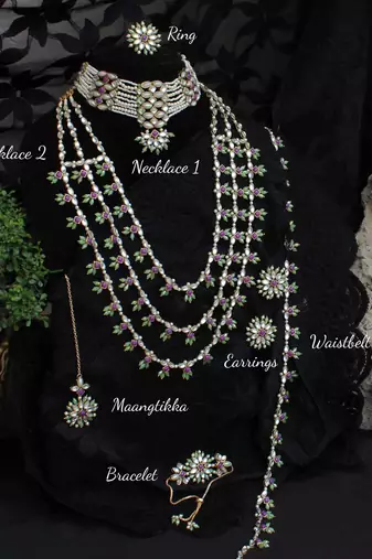 Pearl twirl full set with long necklace, choker, earrings, maangtikka, bracelet, ring & waistbelt