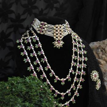 Pearl twirl full set with long necklace, choker, earrings, maangtikka, bracelet, ring & waistbelt 5