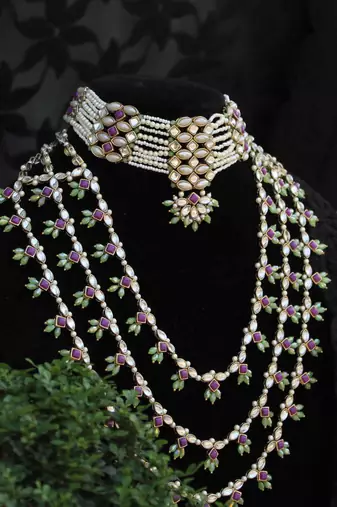 Pearl twirl full set with long necklace, choker, earrings, maangtikka, bracelet, ring & waistbelt