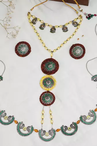 Multi-stranded bohemian jewelry set with circular charms
