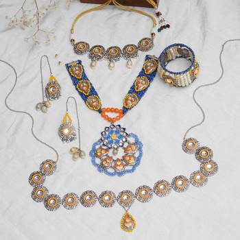 Boho-inspired complete kundan jewelry set with bangle,necklace, waistbelt, and earrings 1