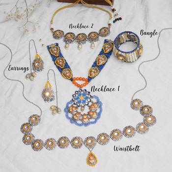 Boho-inspired complete kundan jewelry set with bangle,necklace, waistbelt, and earrings 4