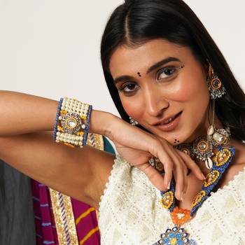 Boho-inspired complete kundan jewelry set with bangle,necklace, waistbelt, and earrings 5