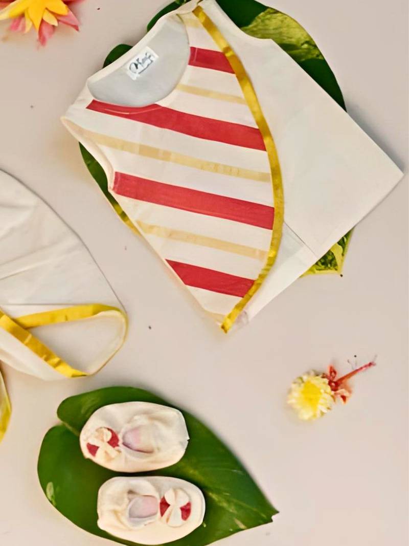 White sleeveless infant handloom kurta, dhoti pant and shoes set for kids