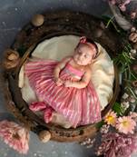 Pink  handloom infant striped frock headband and shoes for kids