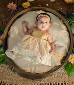 White  handloom infant dress golden yoke bottom headband and shoes for kids