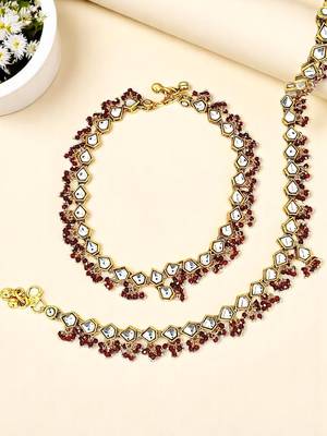 Gold plated kundan & maroon beads studded anklet 1