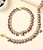 Gold plated kundan & maroon beads studded anklet