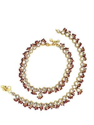 Gold plated kundan & maroon beads studded anklet 2