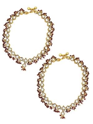Gold plated kundan & maroon beads studded anklet 3
