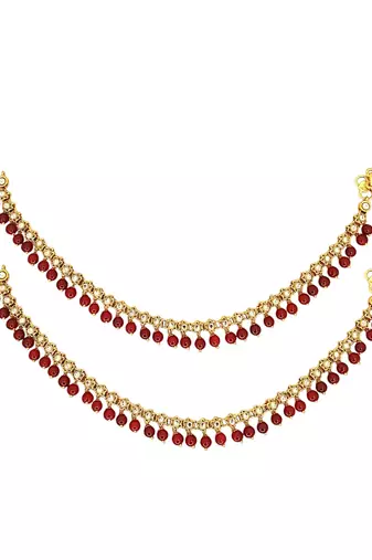 Gold plated maroon beaded flower design anklet