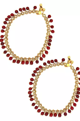 Gold plated maroon beaded flower design anklet
