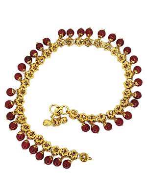 Gold plated maroon beaded flower design anklet 4