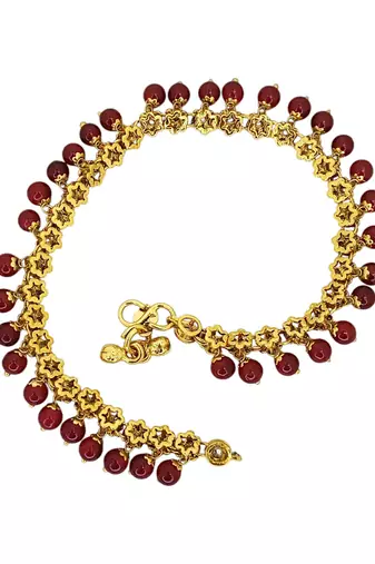 Gold plated maroon beaded flower design anklet