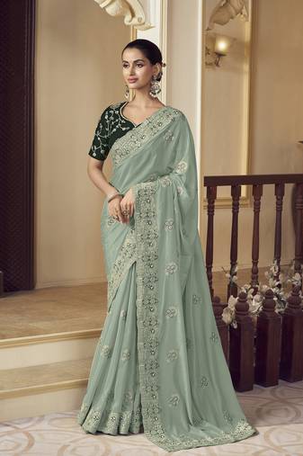 Dusty green georgette party wear saree with blouse fabric 