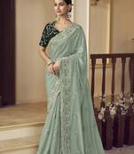 Dusty green georgette party wear saree with blouse fabric 