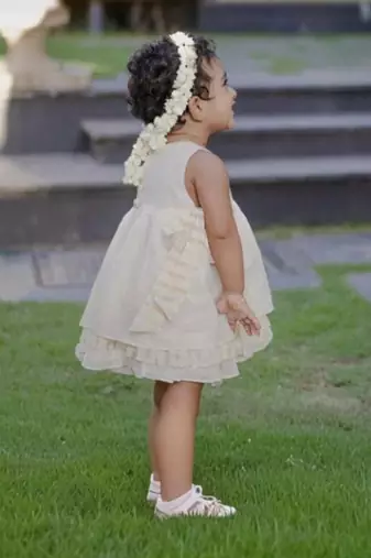 White  handloom infant dress side tie details with headband and shoes for kids
