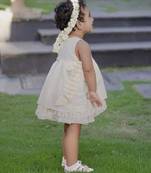 White  handloom infant dress side tie details with headband and shoes for kids