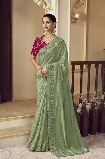 Light green georgette party wear saree with blouse fabric 