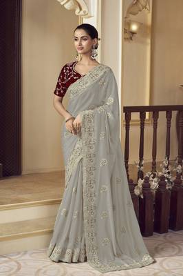 Grey georgette party wear saree with blouse fabric  1