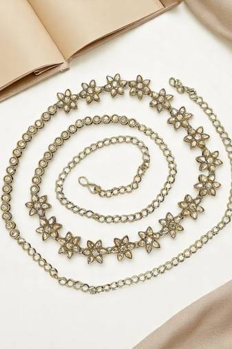Gold plated stone studded flower design waist chain
