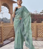 Sea green fancy organza party wear saree with blouse fabric 