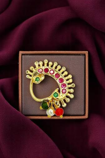 Gold plated stone studded peacock clip on nosepin