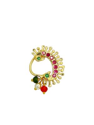 Gold plated stone studded peacock clip on nosepin 2